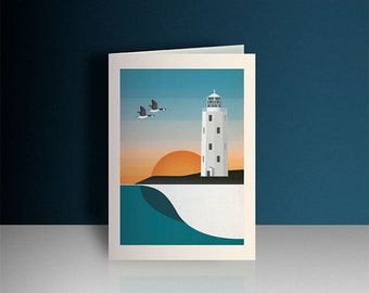 Sunset theme birthday card, cornwall inspired card, geese greeting card, Godrevy scene
