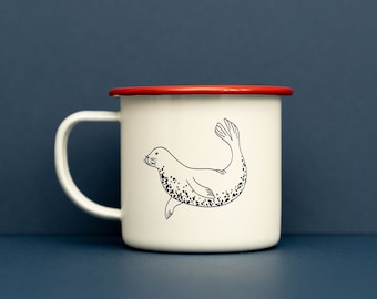 Grey seal enamel mug, swimming seal inspired camping cup, van equipment, camping kit