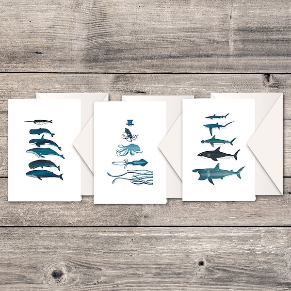 Set of sealife greeting cards, marine themed birthday card, whale artwork, shark thank you card