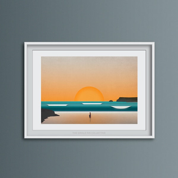 Polzeath Beach Sunset Art Print: Cornish Surf Illustration, Padstow