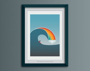 Rainbow artwork, vibrant wall art, ocean themed, wave poster, art print for a surfer, Cornwall