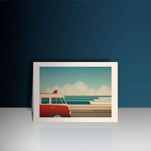 Carte de voeux de luxe pour van de surf, carte d'anniversaire colorée, souvenir de Cornouailles, carte pour un surfeur, design sur le thème du surf