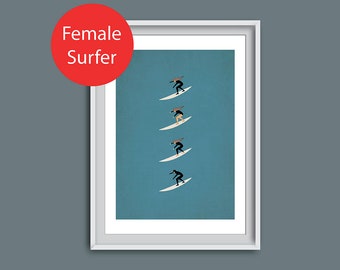 Surf girl inspired artwork, giclee art print, spring summer autumn winter, surfing the seasons