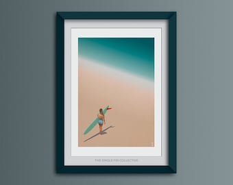 Surf girl inspired artwork, surfer with surfboard, ocean beach airbnb decor, coastal home, surf shack