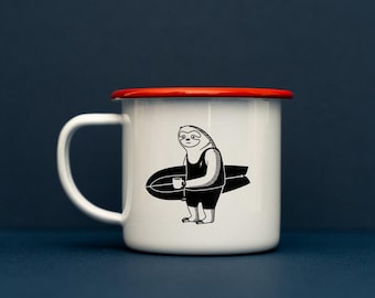 Surfing Sloth Enamel Mug: Beach Van Camping Gift