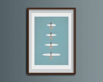 May include: Framed art print featuring a series of illustrations of people carrying surfboards. The figures are depicted in black swimwear, walking across a light blue background. The frame is a dark brown color.