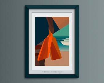 Belly Boarding Art Print: Cornish Beach, Swim Fins Poster