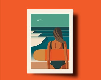Belly Boarder Greeting Card: Surf Girl Art