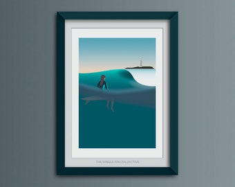 Art print of Godrevy, Surf girl inspired artwork, Beach home decor, Lighthouse Cornwall Coastal theme