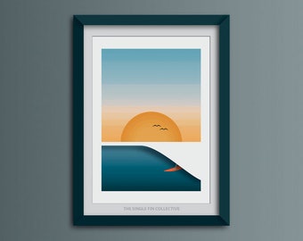 Art print for a surfer, Cornish beach themed art, sunset beach, vibrant wall art, ocean themed, wave poster, Cornwall