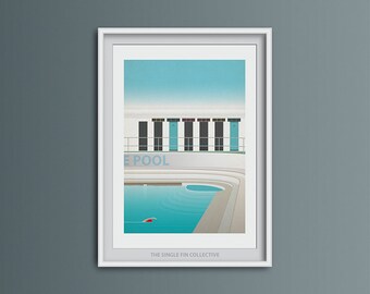 Swimming pool art print, swimmer at lido artwork, Jubilee Pool Penzance, coastal airbnb decor