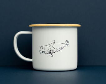 Swimming seal enamel mug, grey seal inspired camping cup, van equipment, camping kit