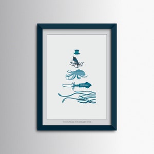 Octopus & Squid Giclée Art Print: Marine Life Teal Illustration
