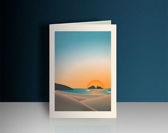 Sunset theme birthday card, cornwall inspired card, Holywell card, Newquay scene