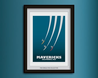 Giclee surf art print, Mavericks big wave surfers, California surf spot poster, USA surfing illustration