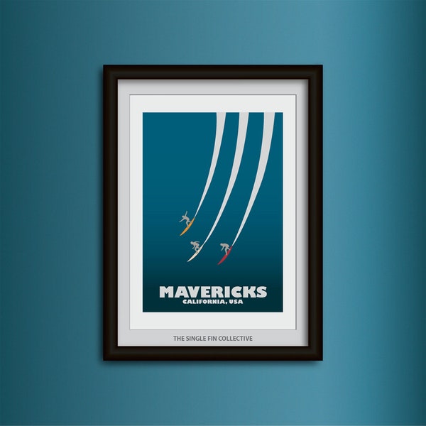 Giclee surf art print, Mavericks big wave surfers, California surf spot poster, USA surfing illustration