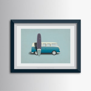 May include: Framed print featuring a blue and white vintage van with a surfboard. The surfboard is dark purple and light green. The background is a light blue. The text "THE SINGLE FIN COLLECTIVE" is at the bottom.
