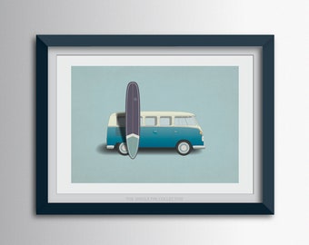 Retro surfing themed giclee art print of a surfboard resting against a classic surf van