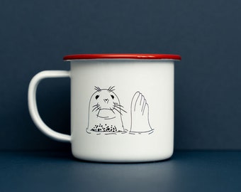 Friendly seal enamel mug, grey seal inspired camping cup, van equipment, camping kit