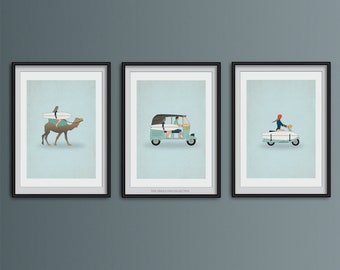 Set of 3 surfing art prints, giclee art print, surf inspired art, travel themed artwork