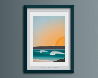 Obra de arte inspirada en el surf, impresión giclée de atardecer, regalo para surfistas, ideas de decoración de Airbnb