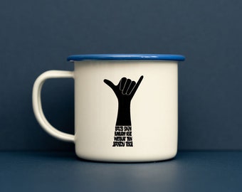 Shaka Enamel Mug: Vintage Surf Art, Van Camping Cup