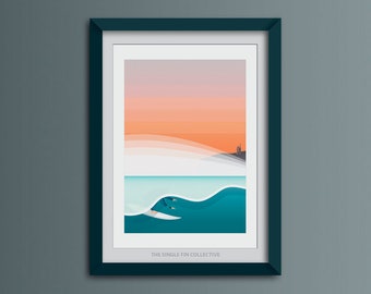Art print for a surfer, Cornish beach themed art, sunset beach, vibrant wall art, ocean themed, wave poster, Cornwall