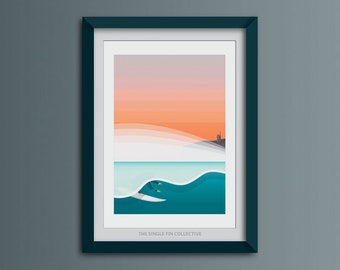 Cornish Sunset Surfer Art Print: Vibrant Ocean Wave Poster