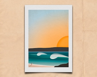 Surf inspired artwork, sunset giclee art print, gift for surfer, airbnb decor ideas