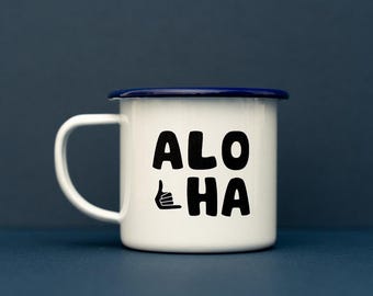 Aloha Enamel Mug: Beach Surfing Van Camping Gift