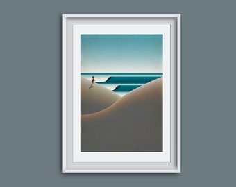 Giclee art print, surf inspired art work, sand dunes in cornwall