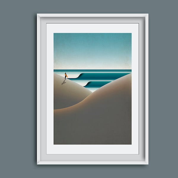 Giclee art print, surf inspired art work, sand dunes in cornwall