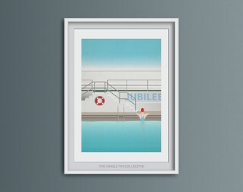 Swimming pool art print, swimmer at lido artwork, Jubilee Pool Penzance, coastal airbnb decor