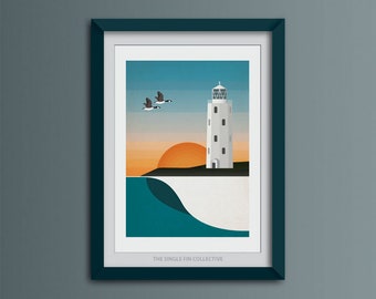 Surf art print, Canada Geese, Godrevy Lighthouse in Cornwall, St Ives Bay, beach home decor