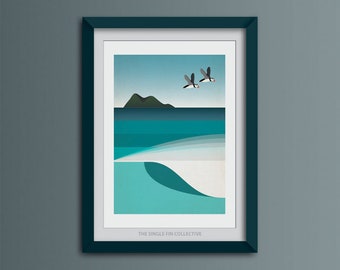 Puffins art print, Godrevy Lighthouse in Cornwall, St Ives Bay, surf beach home decor