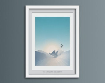 Snowboarding giclée art print, snow and ski inspired wall art, winter themed artwork, alpine chalet decor ideas, snowboarding illustration