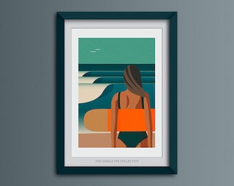 Cornish Beach Art Print: Belly Boarder, Surf Girl Poster