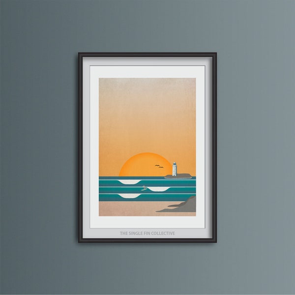 Godrevy Lighthouse Giclée Art Print: Cornwall Surf Artwork