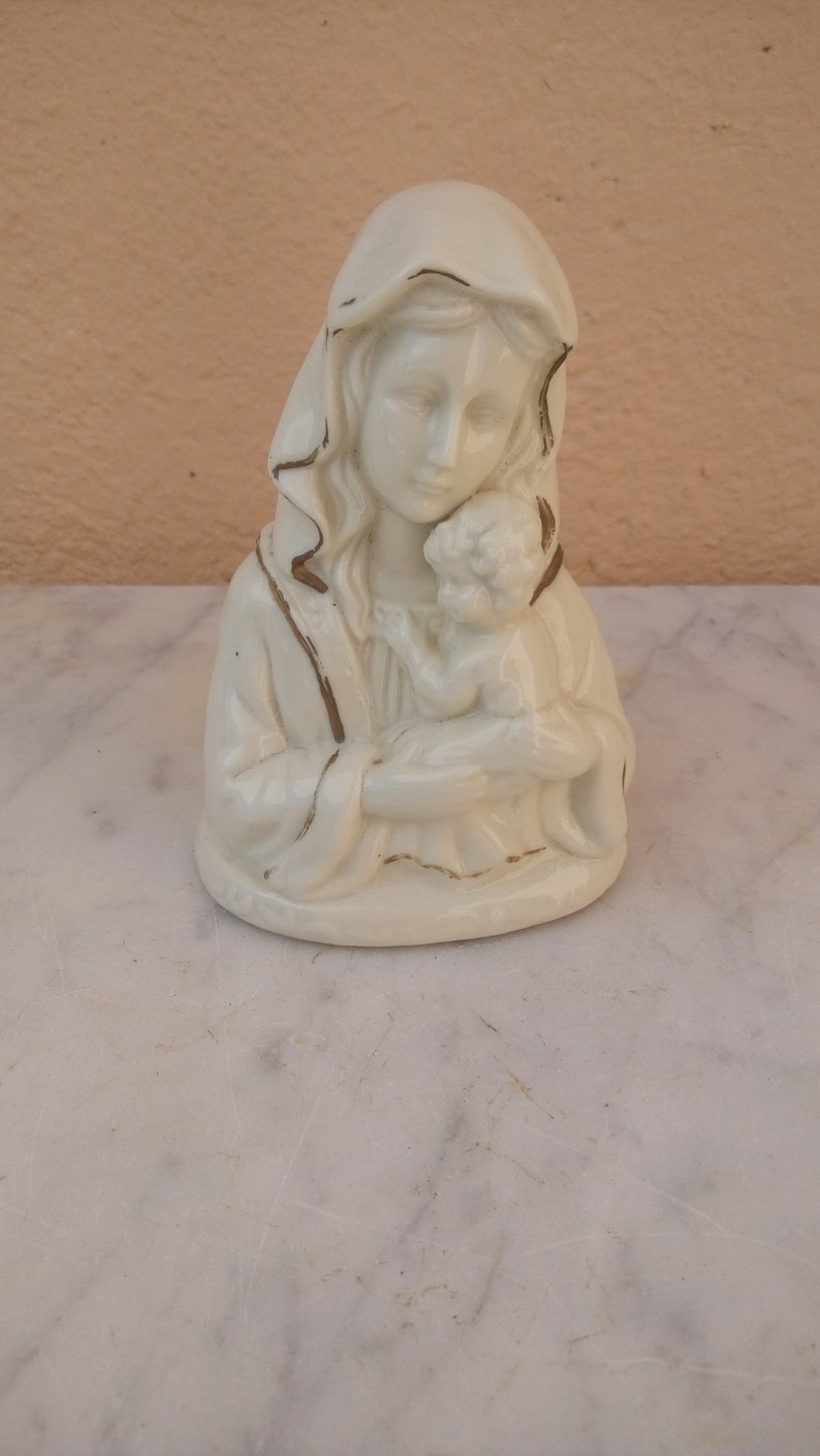 Mary and Jesus white religious ceramic statue image 0