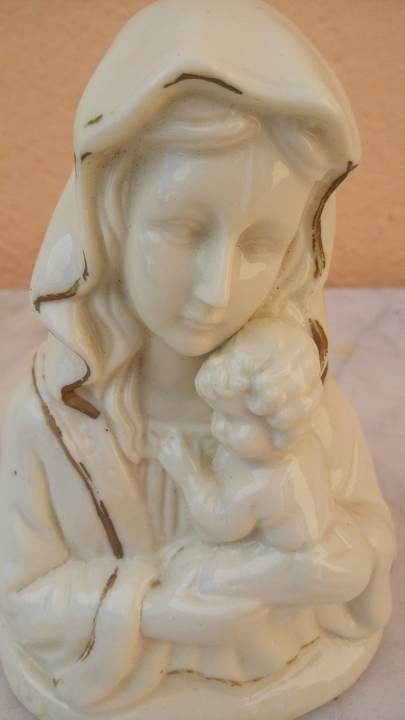 Mary and Jesus white religious ceramic statue image 1