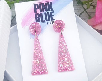 PINK Glitter Triangle HANDMADE Girly EARRINGS - Modern Statement Jewelry, Geometric Earrings, Dangle Earrings, Drop Earrings, Gifts For Her