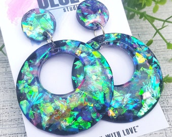 Christmas Gift For Her - Holographic Circle HANDMADE Posh Party EARRINGS UK - Modern Statement Jewelry, Dangle & Drop Earrings, For Friends