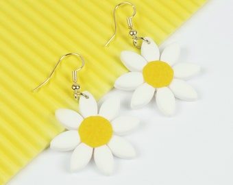 White and Yellow DAISY Flowers HANDMADE Statement Earrings Dangle, Summer Style Gift, UK Gifts For Friends, Her, Mom,Birthday Gift For women