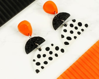 Orange and Black Spotty Half Circle HANDMADE STATEMENT EARRINGS;Half Moon Christmas Gift For Her Jewelry for Woman Friends Birthday Ohrringe