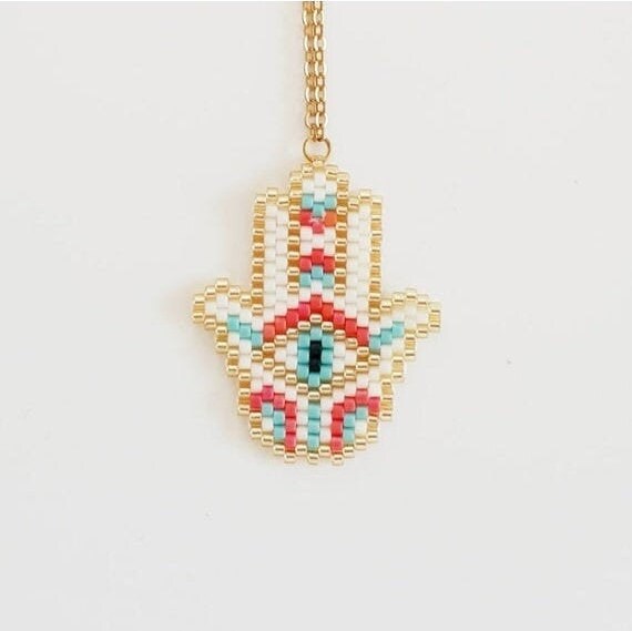 Hamsa Necklace Charm Bohemian Beaded Pendant Beaded Necklace Etsy