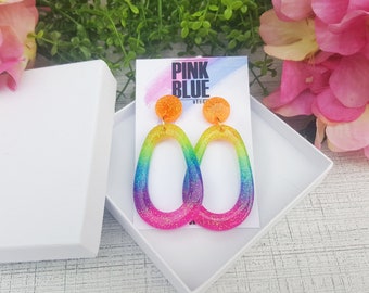 RAINBOW EARRINGS with Glitter - Handmade Statement Earrings, Modern Dangle and Drop Earrings, Gifts For Friends, Birthday Gifts Britain Shop