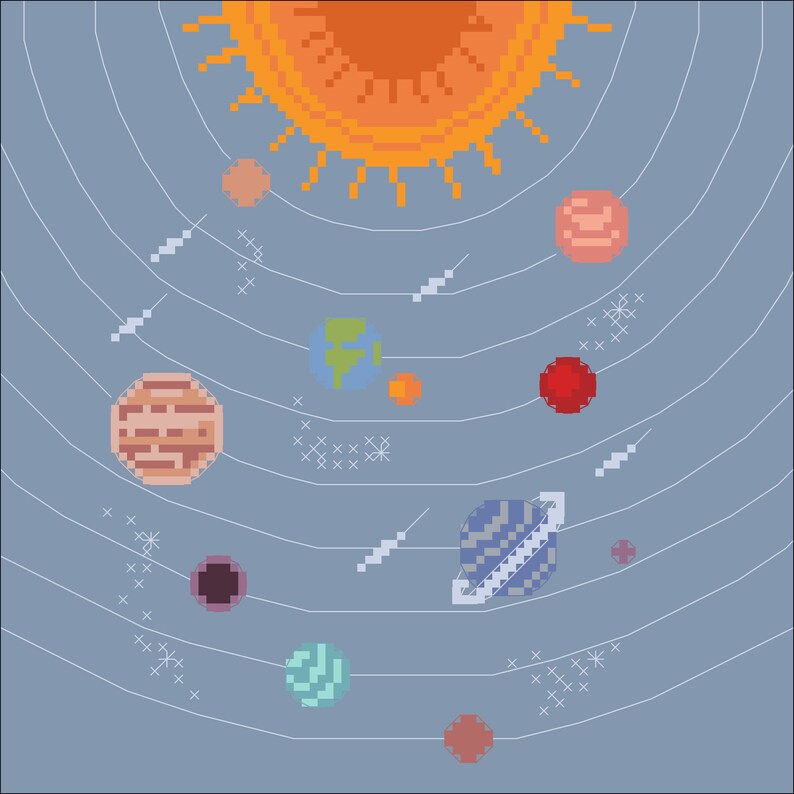 K&ouml;nnte beinhalten: Eine pixelartige Illustration des Sonnensystems mit einer gro&szlig;en orangefarbenen Sonne in der Mitte und acht Planeten, die um sie herum kreisen. Die Planeten sind in verschiedenen Farben und Gr&ouml;&szlig;en dargestellt, darunter rot, blau, gr&uuml;n und braun.