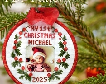 Baby's First Christmas Ornament Cross Stitch Pattern (PDF). My First Christmas Personalized Embroidery. My 1st Christmas Easy Cross Stitch