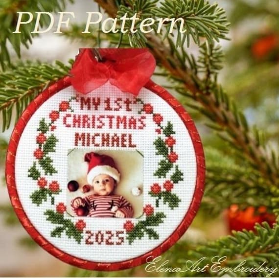 Baby's First Christmas Ornament Cross Stitch Pattern (PDF). My First Christmas Personalized Embroidery. My 1st Christmas Easy Cross Stitch