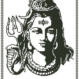 May include: Black and white illustration of the Hindu deity Shiva, with a third eye, a snake around his neck, and a trident in his hand. The text "Om Namah Shivaya" is written below the image.